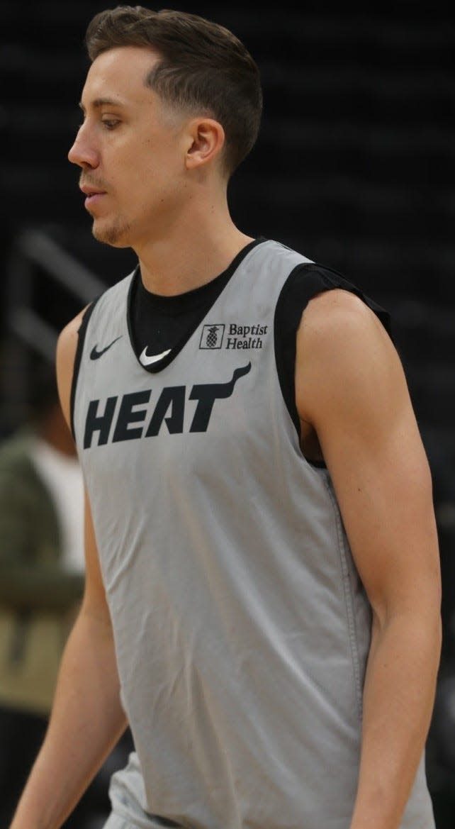 Miami Heat guard Duncan Robinson, a New Castle native, gets ready to practice Tuesday morning at TD Garden ahead of Wednesday's Game 2 of the NBA Eastern Conference first-round matchup with the Boston Celtics.