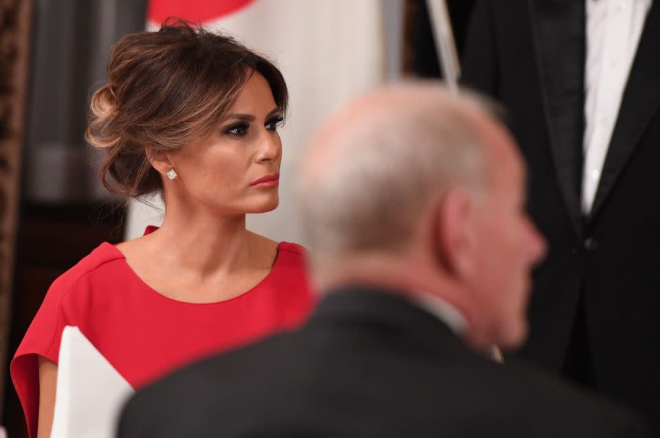 Melania debuted a new look at the banquet in Japan. Photo: Getty