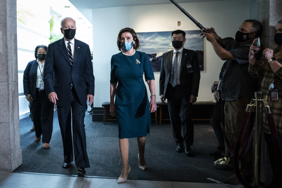 WASHINGTON, DC - OCTOBER 28: President Joe Biden and House Speaker Nancy Pelosi of Calif., departs after a meeting with House Democrats on Capitol Hill on Thursday, Oct. 28, 2021 in Washington, DC. (Photo by Jabin Botsford/The Washington Post via Getty Images)