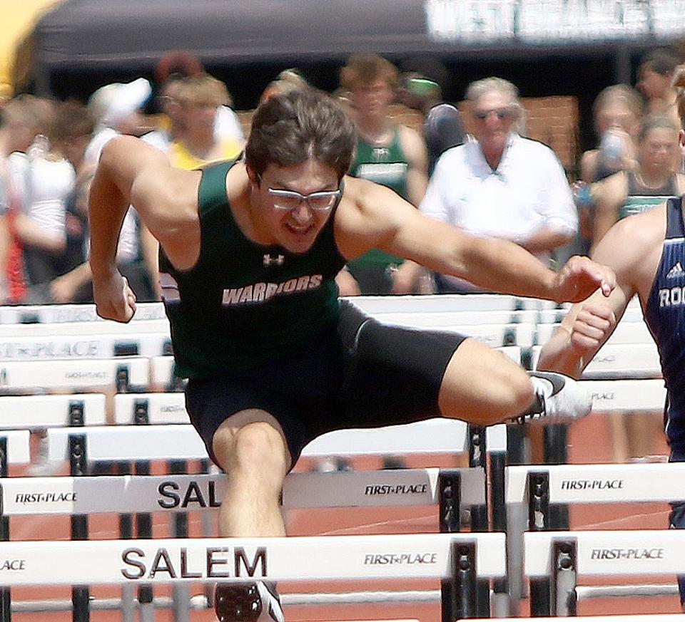 West Branch's Ryan Irwin during the boys 110-meter hurdles final at the Division II district track and field finals at Salem Sebo Stadium on Saturday, May 21, 2022.