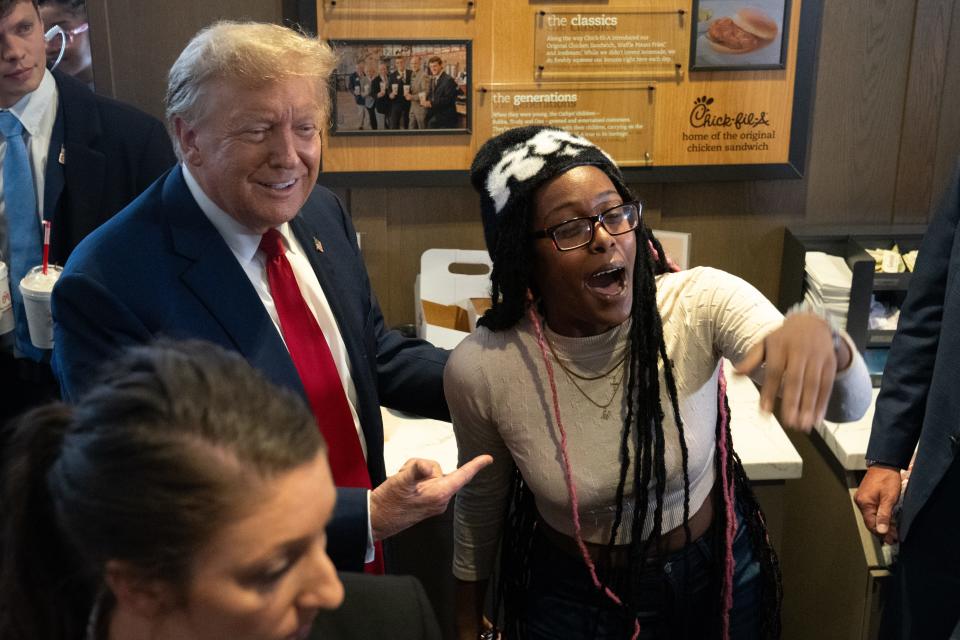 ATLANTA, GEORGIA - APRIL 10: Former U.S. President Donald Trump meets with people during a visit to a Chick-fil-A restaurant on April 10, 2024 in Atlanta, Georgia. Trump is visiting Atlanta for a campaign fundraising event he is hosting. (Photo by Megan Varner/Getty Images)