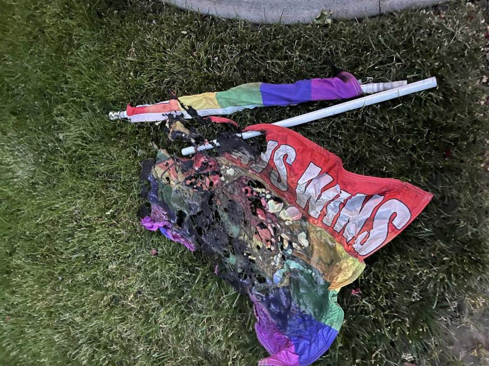 Unidentified vandals took a LGBTQ+ rainbow-colored Pride flag placed outside by the Martinezmoles family and burned it on Wednesday June 7, 2023, in front of their home in Antelope, California.