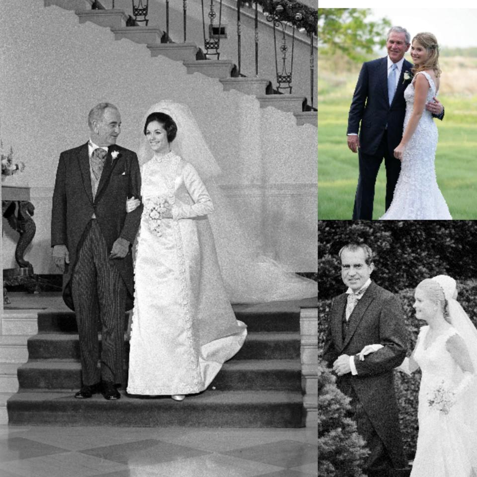 Their daughters’ weddings help humanize a president; clockwise from left, Lyndon Johnson and daughter Lynda; George W. Bush and daughter Jenna; Richard Nixon and daughter Tricia. Johnson: Getty Images; Bush: Shealah Craighead/The White House via FilmMagic; Nixon: Nixon White House Photographs