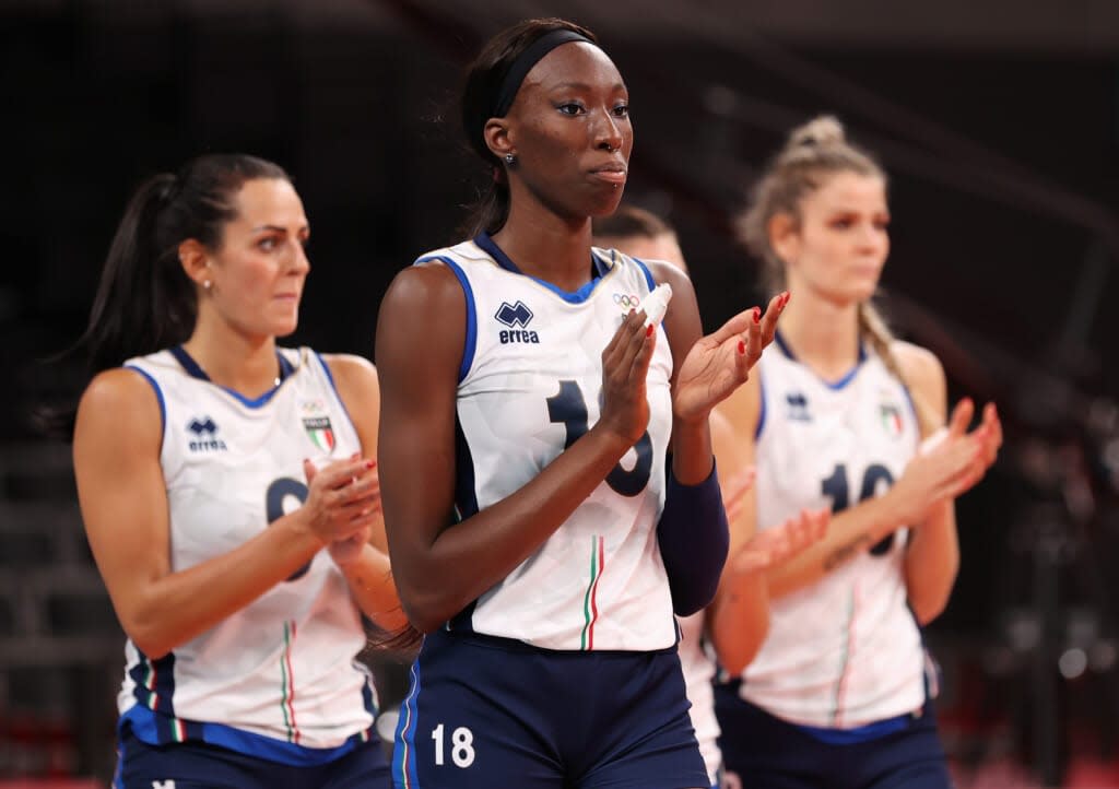 TOKYO, JAPAN – AUGUST 04: Paola Ogechi Egonu #18 of Team Italy reacts with team mates after being defeated by Team Serbia during the Women’s Quarterfinals volleyball on day twelve of the Tokyo 2020 Olympic Games at Ariake Arena on August 04, 2021 in Tokyo, Japan. (Photo by Toru Hanai/Getty Images)