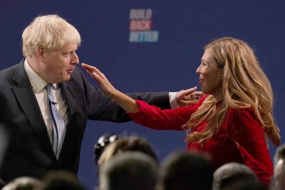 Mr Johnson was joined by his wife Carrie on stage after delivering his keynote speech at the Conservative Party Conference last week (PA) (PA Wire)