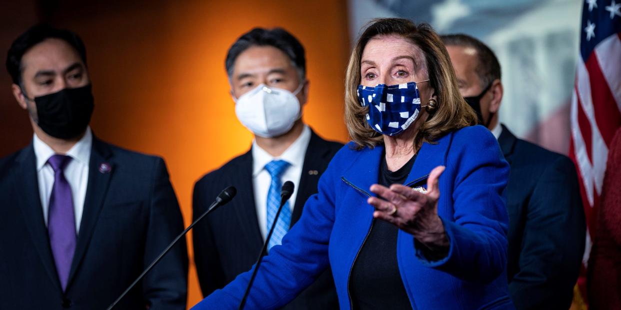 Speaker of the House Nancy Pelosi (D-CA) speaks during a news conference with House impeachment managers on the fifth day of the impeachment trial of former President Donald Trump, on charges of inciting the deadly attack on the US Capitol, in Washington, DC, on February 13, 2021.