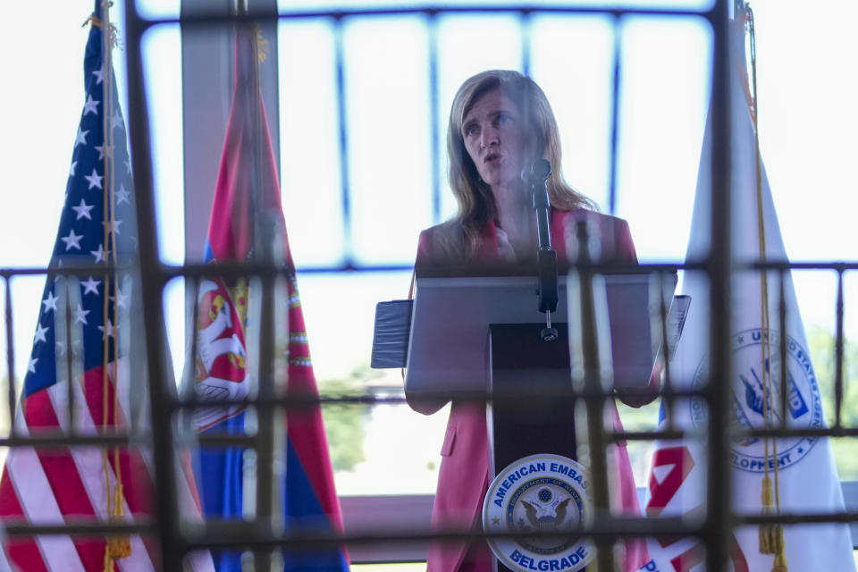 U.S. Agency for International Development (USAID) Administrator Samantha Power addresses the media after talks with Serbia's top officials in Belgrade, Serbia, Wednesday, May 10, 2023. Power arrived in Belgrade for the start of a week long visit to Serbia and Kosovo. (AP Photo/Darko Vojinovic)