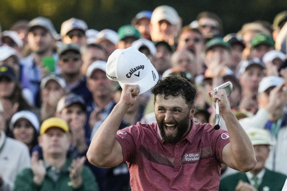 Jon Rahm, of Spain, celebrates on the 18th green after winning the Masters golf tournament at Augusta National Golf Club on Sunday, April 9, 2023, in Augusta, Ga. (AP Photo/Mark Baker)