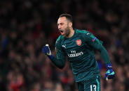 <p>Soccer Football – Europa League Semi Final First Leg – Arsenal vs Atletico Madrid – Emirates Stadium, London, Britain – April 26, 2018 Arsenal’s David Ospina celebrates after Alexandre Lacazette scores their first goal REUTERS/Dylan Martinez </p>