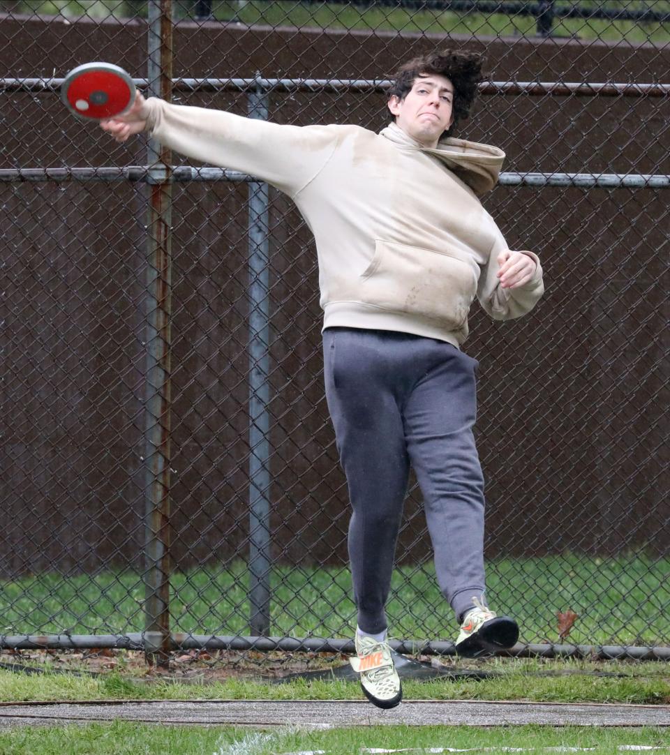 Rye Neck's Nathan Shpilberg unleashes a throw in the boys discus during the Gold Rush Invitational Track & Field meet at Clarkstown South High School in West Nyack, April 29, 2023.