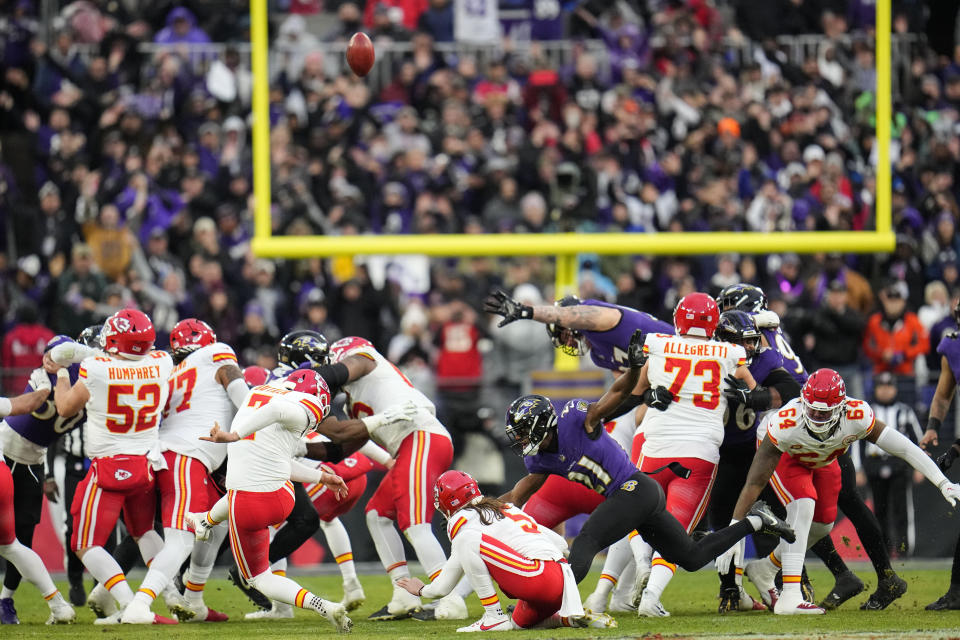 Kansas City Chiefs place kicker Harrison Butker (7) kicks a field goal against the Baltimore Ravens during the first half of an AFC Championship NFL football game, Sunday, Jan. 28, 2024, in Baltimore. (AP Photo/Julio Cortez)