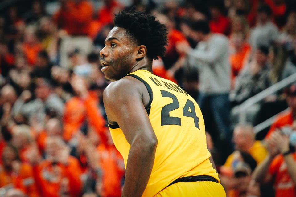 Missouri guard Kobe Brown looks on during the Braggin' Rights game against Illinois last season at the Enterprise Center in St. Louis.