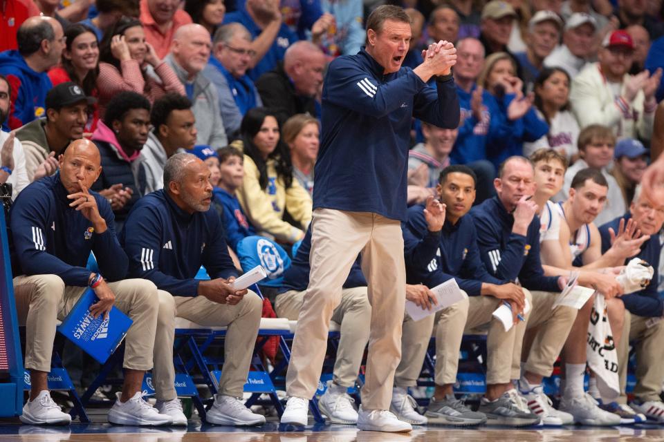 Kansas men's basketball coach Bill Self calls out a play during the first half of a game Jan. 13, 2024 against Oklahoma in Lawrence.