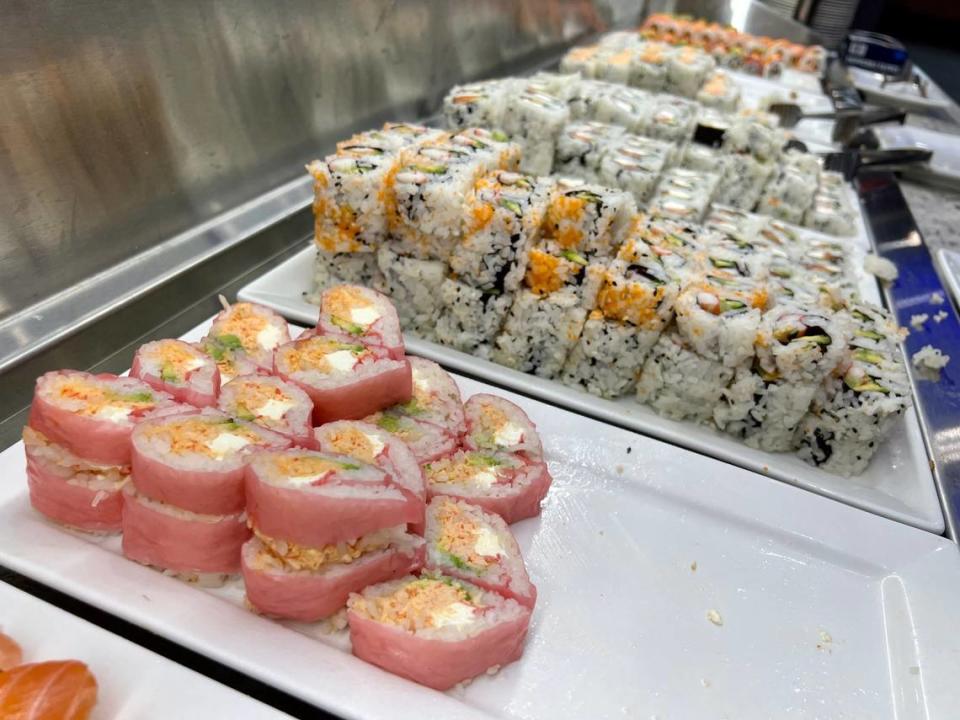 Stacks of fresh sushi as dinner hour begins at King Buffet in Arlington, August 15, 2023.