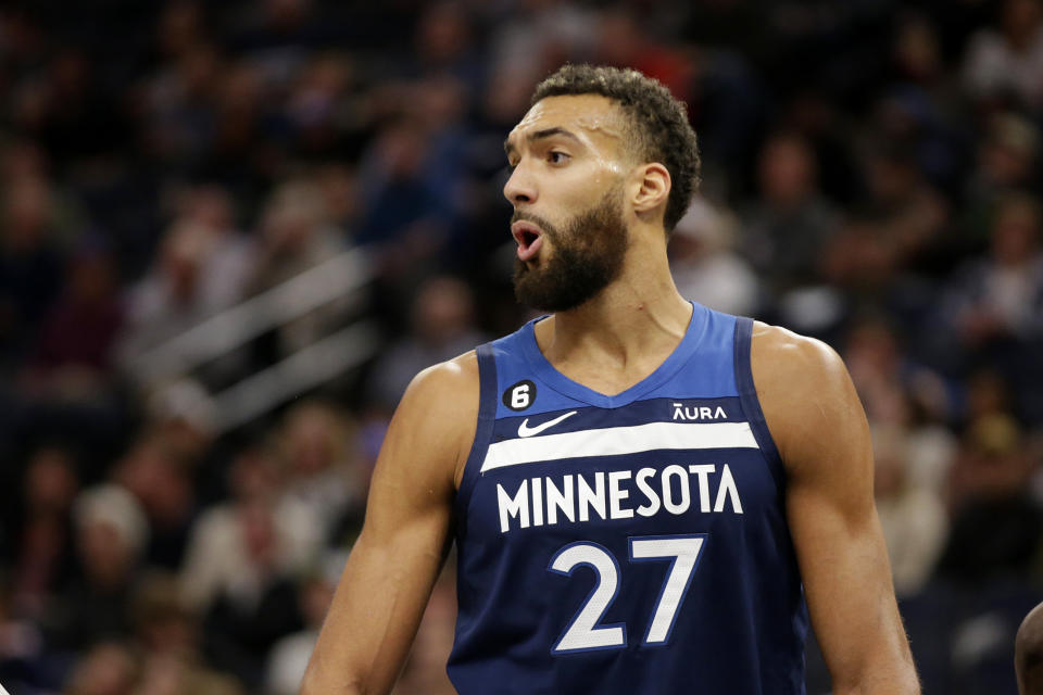 Minnesota Timberwolves center Rudy Gobert argues after receiving a technical foul against the Memphis Grizzlies in the first quarter of an NBA basketball game Wednesday, Nov.  30, 2022, in Minneapolis.  (AP Photo/Andy Clayton-King)