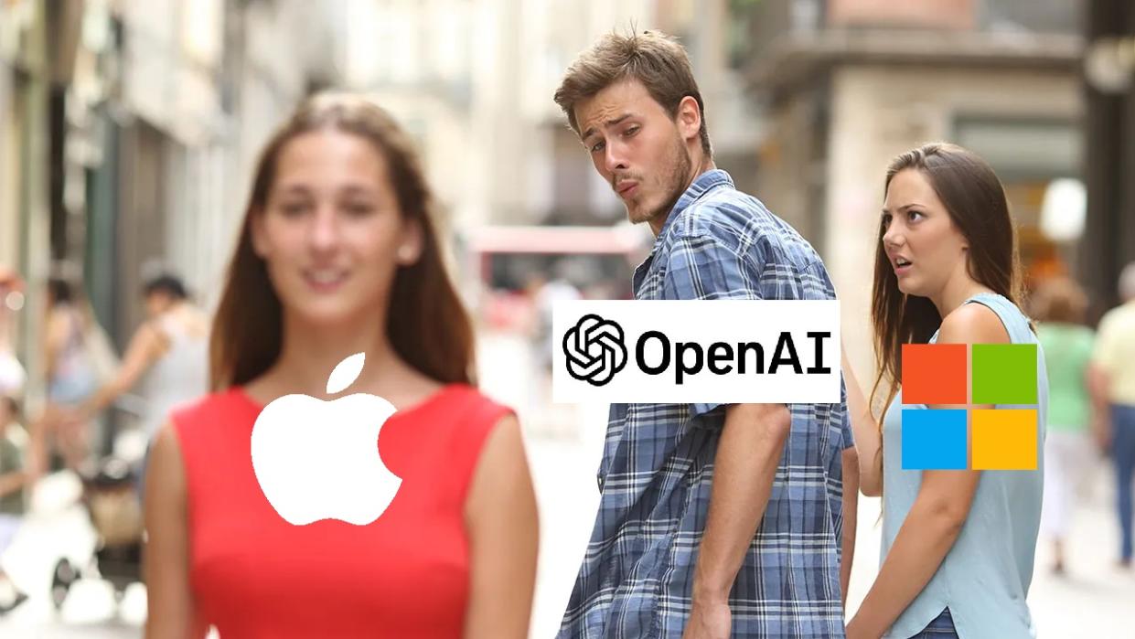  Meme showing OpenAI looking at Apple to a jealous Microsoft. 