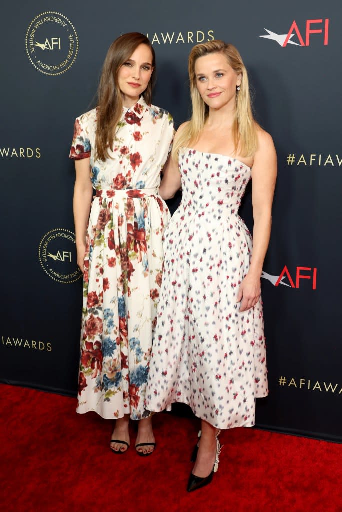 (L-R) Natalie Portman and Reese Witherspoon attend the AFI Awards Luncheon at Four Seasons Hotel Los Angeles at Beverly Hills on January 12, 2024 in Los Angeles, California.