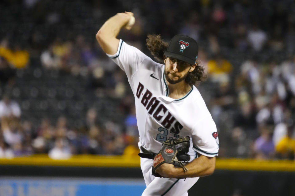 Arizona Diamondbacks pitcher Zac Gallen throws to a San Diego Padres batter during the first inning of a baseball game Tuesday, Aug. 31, 2021, in Phoenix. (AP Photo/Rick Scuteri)