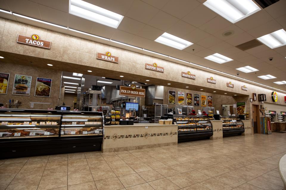 The Buc-ee's deli counter serves tacos, wraps, roasted nuts and pastries.