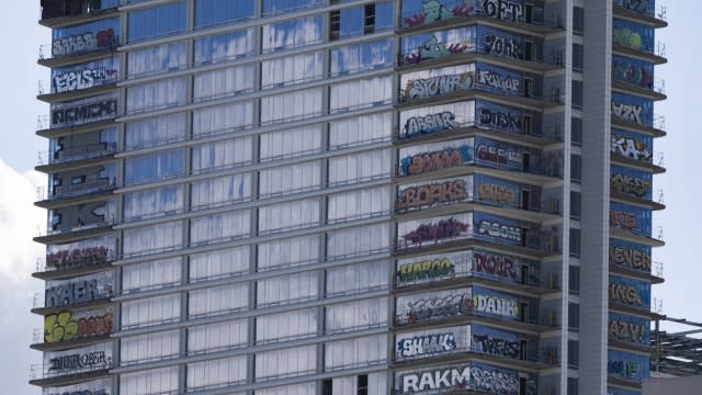 An unfinished high-rise development in LA has become the target of graffiti taggers.