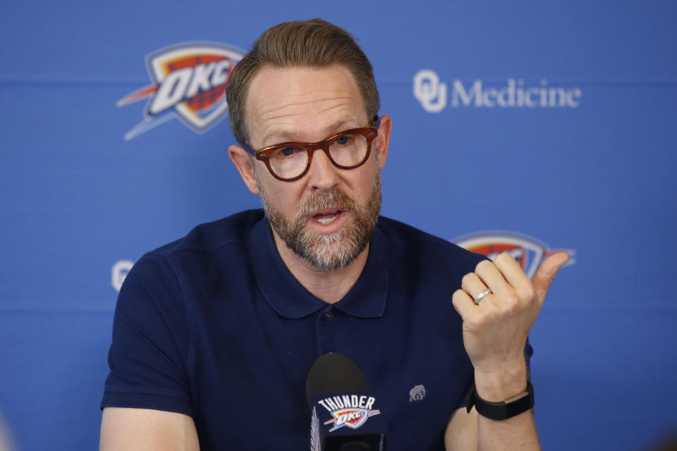 Sam Presti, Oklahoma City Thunder executive vice president and general manager, speaks during a news conference in Oklahoma City, Thursday, Sept. 26, 2019. New Thunder addition Chet Holmgren faces pressure as the No. 2 overall pick. But Presti has quite a history with high draft picks. He has selected Kevin Durant, Russell Westbrook and James Harden in the top five the past 15 years (AP Photo/Sue Ogrocki, File)