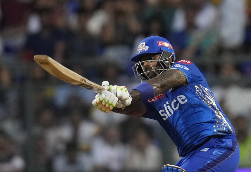 Mumbai Indians' Suryakumar Yadav bats during the Indian Premier League (IPL) cricket match between Mumbai Indians and Sunrisers Hyderabad in Mumbai, India, Sunday, May 21, 2023.(AP Photo/Rajanish Kakade)