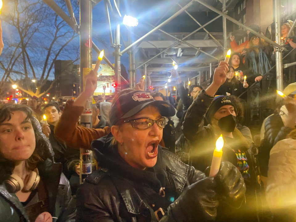 Hundreds of New Yorkers gathered for a candlelight vigil at the Stonewall Inn in the West Village on Monday to remember nonbinary Oklahoma teenager Nex Benedict (Bevan Hurley / The Independent)