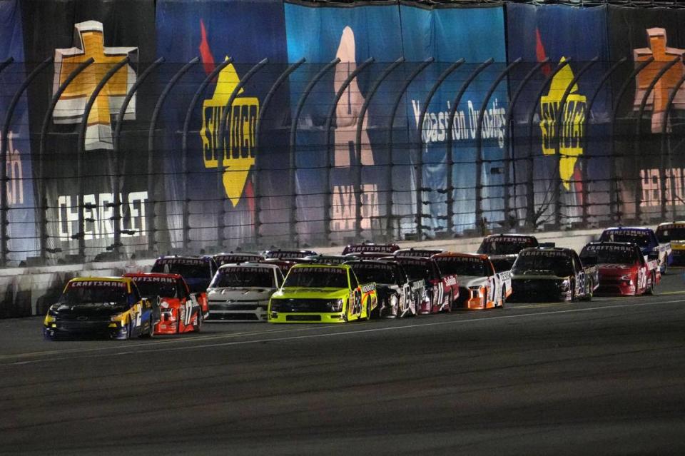 NASCAR Truck Series driver Nick Sanchez (2) leads the field during the Fresh From Florida 250 at Daytona International Speedway.