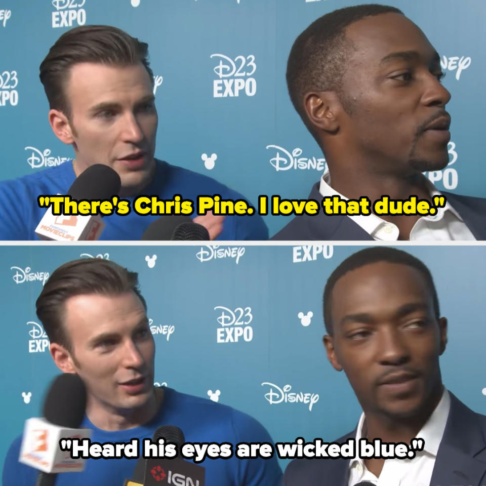 Chris Evans saying he loves Chris Pine and that he heard his eyes are "wicked blue"