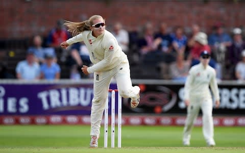 Sophie Ecclestone of England bowls during Day One of the Kia Women's Test Match between England Women and Australia Women at The Cooper Associates County Ground on July 18, 2019 in Taunton, England - Credit: Getty Images