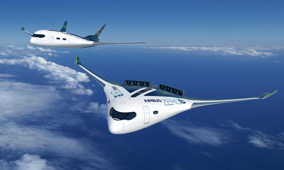 <span>How Airbus’s ZeroE blended wing concept planes could look in flight.</span><span>Photograph: Airbus</span>