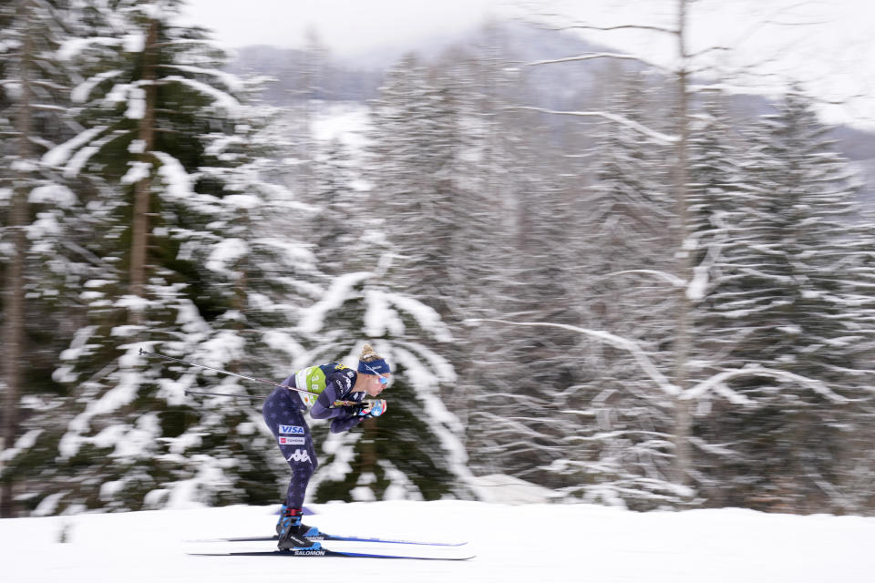 Jessie Diggins, of the United States, competes in the Women's Cross Country Interval Start 10 KM Free event at the Nordic World Championships in Planica, Slovenia, Tuesday, Feb. 28, 2023. (AP Photo/Darko Bandic)