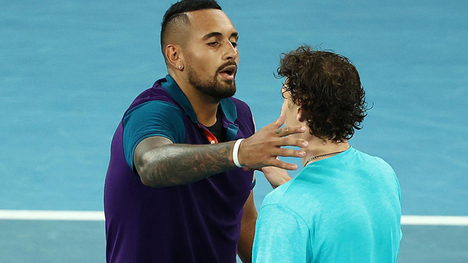 Nick Kyrgios, pictured here embracing Ugo Humbert after their match at the Australian Open.