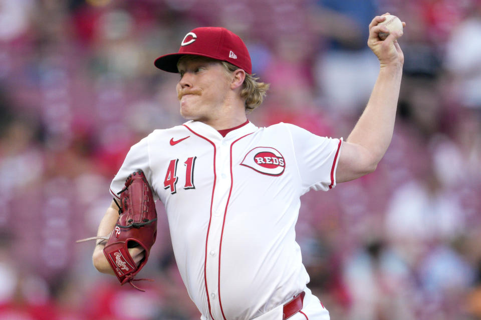 Cincinnati Reds pitcher Andrew Abbott throws during the third inning of a baseball game against the Colorado Rockies, Monday, July 8, 2024, in Cincinnati. (AP Photo/Jeff Dean)