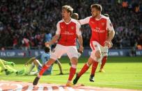 Britain Football Soccer - Arsenal v Manchester City - FA Cup Semi Final - Wembley Stadium - 23/4/17 Arsenal's Nacho Monreal celebrates scoring their first goal with Aaron Ramsey Reuters / Toby Melville Livepic