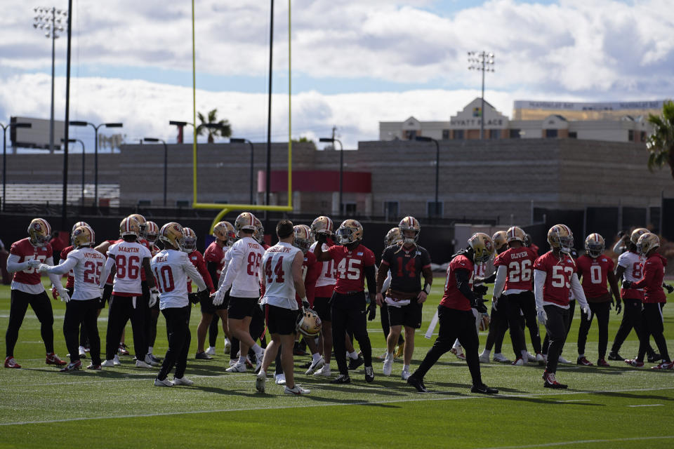 San Francisco 49ers take part in practice ahead of the Super Bowl 58 NFL football game Wednesday, Feb. 7, 2024, in Las Vegas. The 49ers play the Kansas City Chiefs Sunday in Las Vegas. (AP Photo/John Locher)
