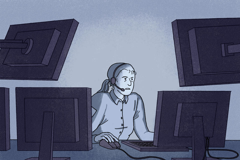 Illustration of an emergency services operator sitting at computers with a headset on. (Laila Milevski / ProPublica)