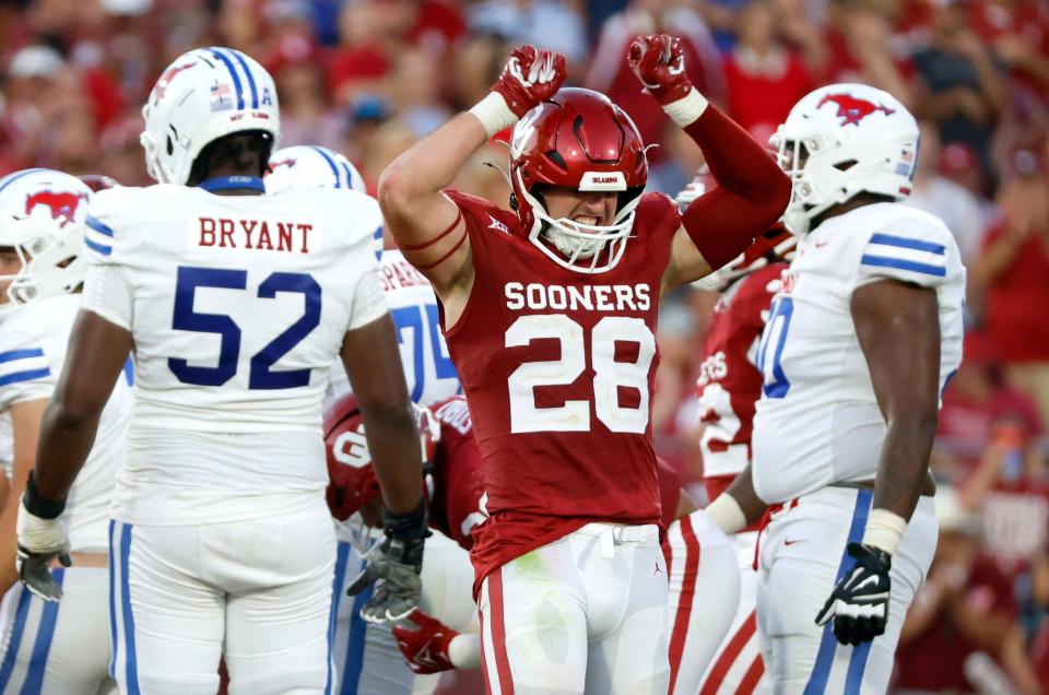 OU's Danny Stutsman (28) celebrates a play next to SMU's Sean Kane (52) in the second half of a 28-11 win Saturday in Norman.