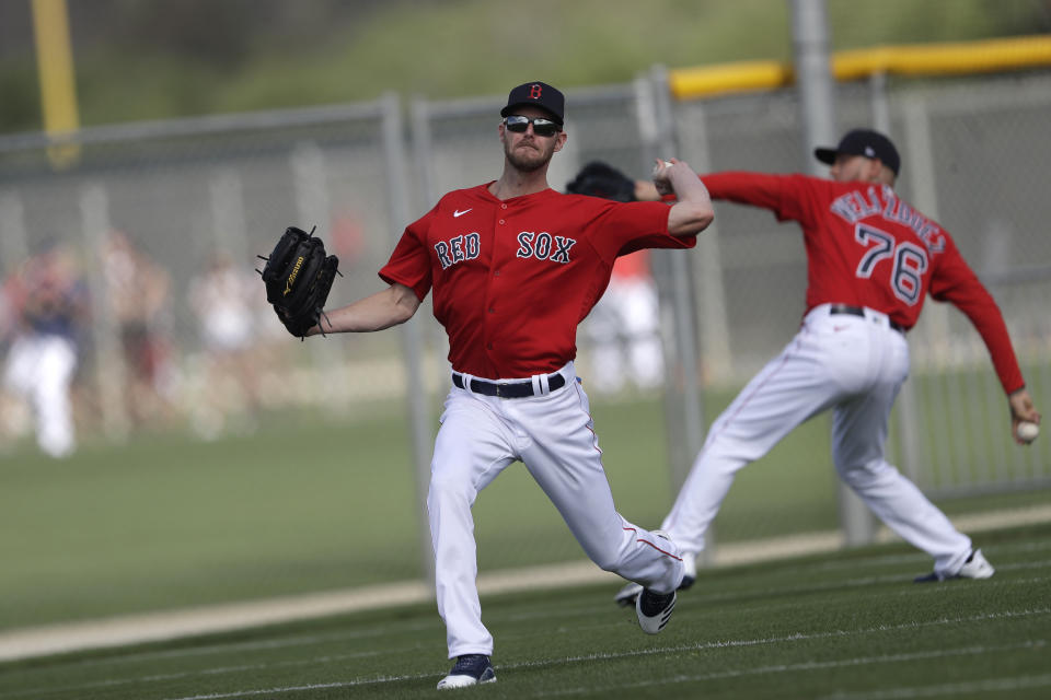 Boston Red Sox starting pitcher Chris Sale throws during spring training baseball camp Wednesday, Feb. 19, 2020, in Sarasota, Fla. (AP Photo/John Bazemore)