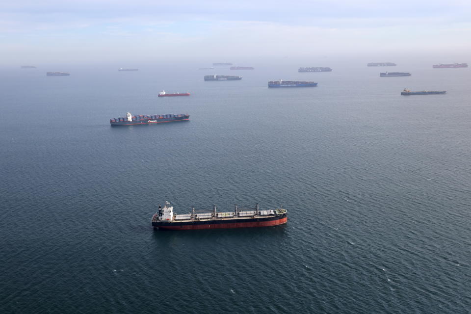 Container ships and oil tankers wait in the ocean outside the Port of Long Beach-Port of Los Angeles complex, amid the coronavirus disease (COVID-19) pandemic, in Los Angeles, California, U.S., April 7, 2021. REUTERS/Lucy Nicholson