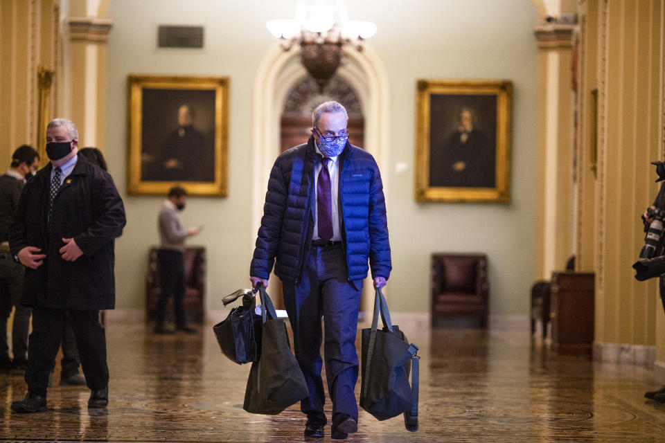 WASHINGTON, DC - DECEMBER 29: Senate Minority Leader Chuck Schumer (D-NY) arrives on Capitol Hill on December 29, 2020 in Washington, DC. Senate Majority Leader Mitch McConnell (R-KY) said the Senate would “begin a process” to consider larger stimulus checks for Americans from the proposed $600 to $2,000 on Wednesday.  (Photo by Tasos Katopodis/Getty Images)