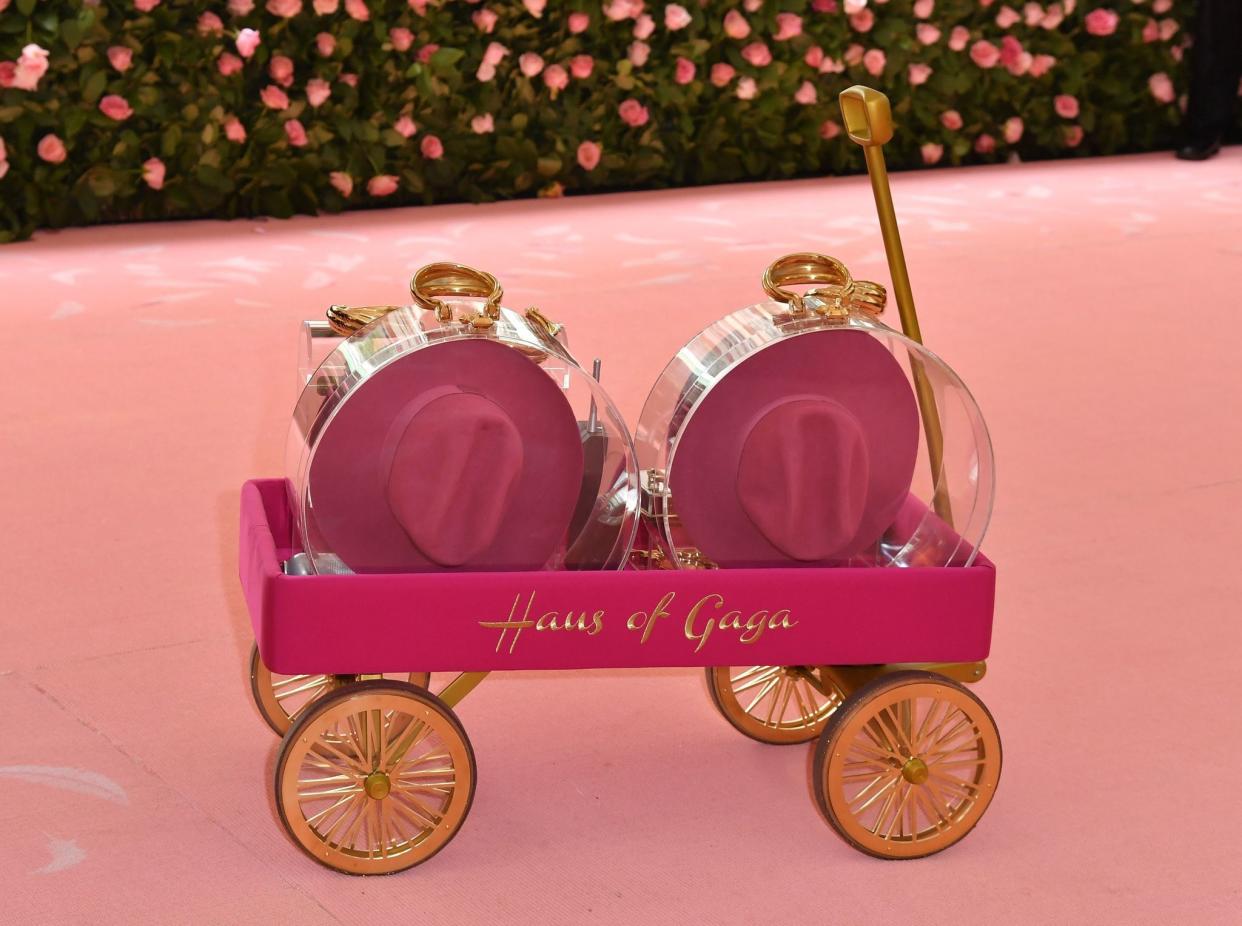 Singer/actress Lady Gaga's cart is pictured as she arrives for the 2019 Met Gala at the Metropolitan Museum of Art on May 6, 2019, in New York. - The Gala raises money for the Metropolitan Museum of Arts Costume Institute. The Gala's 2019 theme is Camp: Notes on Fashion" inspired by Susan Sontag's 1964 essay "Notes on Camp".