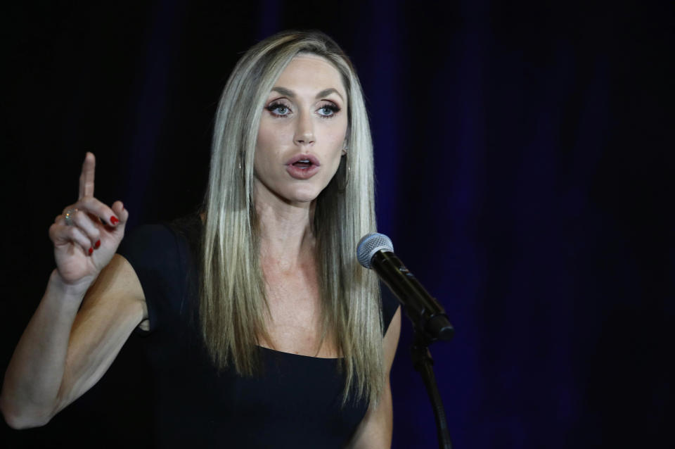 Lara Trump, the wife of Eric Trump, speaks during a campaign event for President Donald Trump at The Westin hotel in Las Vegas Tuesday, Oct. 20, 2020. (Steve Marcus/Las Vegas Sun via AP)