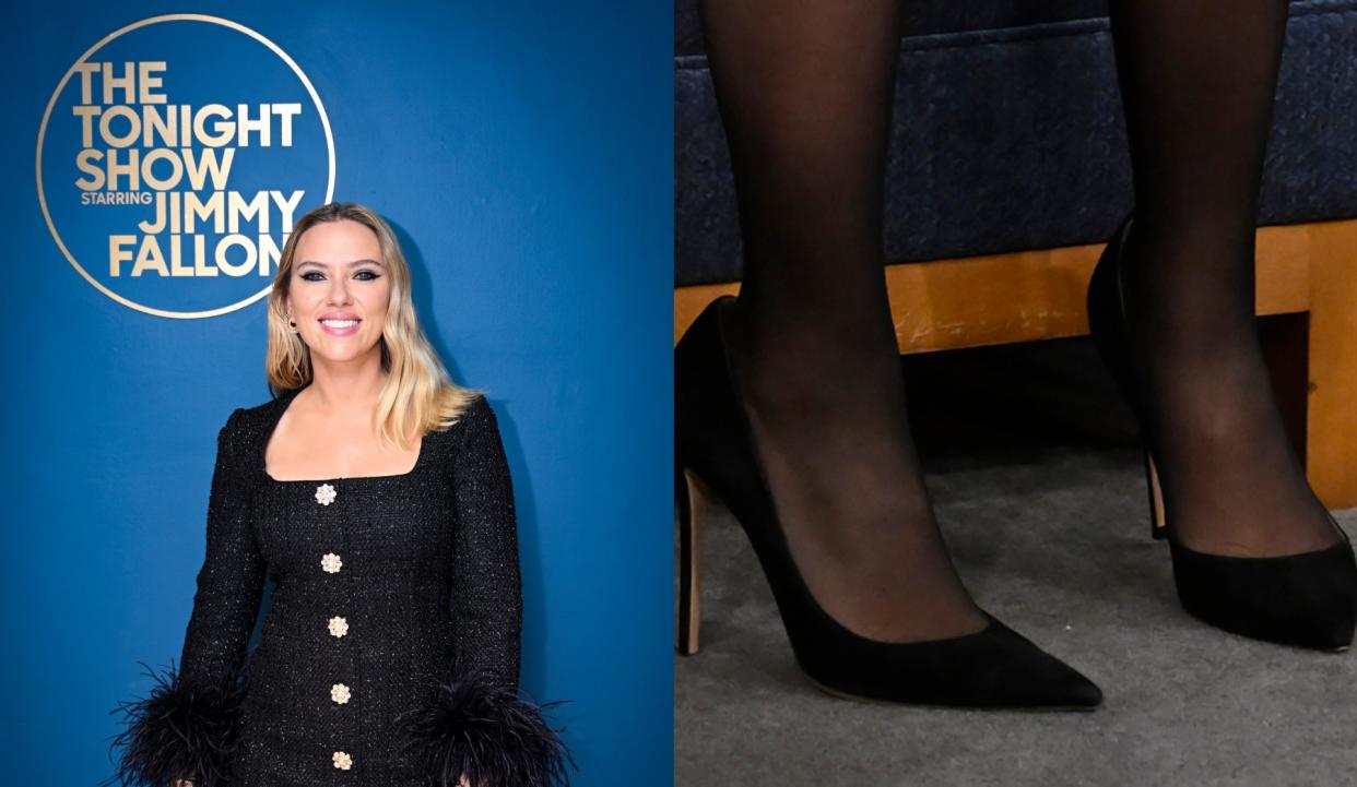 Scarlett Johansson Slips On Suede Pumps With Self Portrait Look For ‘tonight Show Starring Jimmy