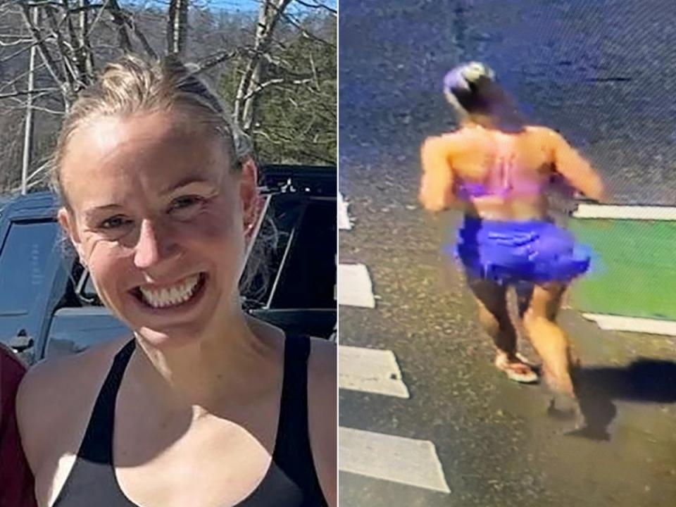 Eliza Fletcher (left) was abducted and killed while out for a run. She was captured on surveillance footage (right) moments before the attack (Memphis Police Department/AP)