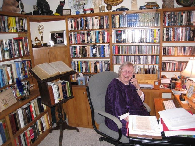 Actress Pat Carroll in the office at the Harwichport home where she retired, surrounded by the books she loved, in 2014.