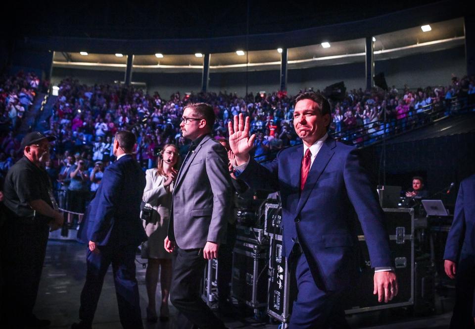 Florida Gov. Ron DeSantis arrives in April to speak at a convocation at Liberty University, in Lynchburg, Virginia.