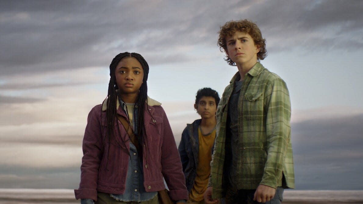 From left: Leah Sava Jeffries as Annabeth, Aryan Simhadri as Grover and Walker Scobell as Percy Jackson in a scene from Disney+'s 'Percy Jackson and the Olympians.'