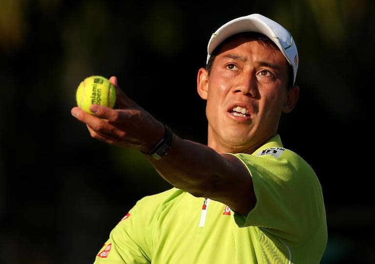 Kei Nishikori of Japan, seen in action during the Miami Open, in Key Biscayne, Florida, on March 31, 2015