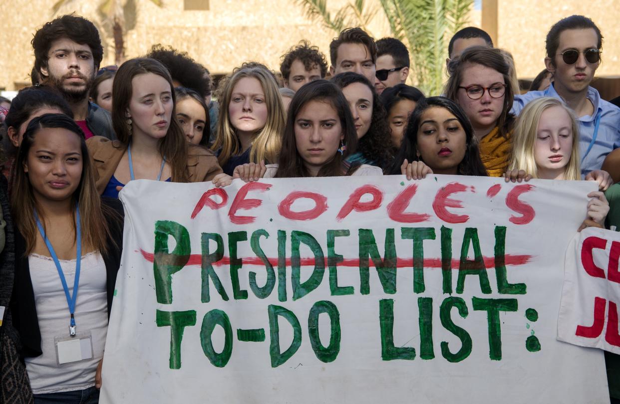 American students protest outside the UN climate talks during the COP22 international climate conference in Marrakesh, Morocco, in reaction to Donald Trump's victory in the U..S presidential election, on Nov. 9. (Photo: FADEL SENNA via Getty Images)